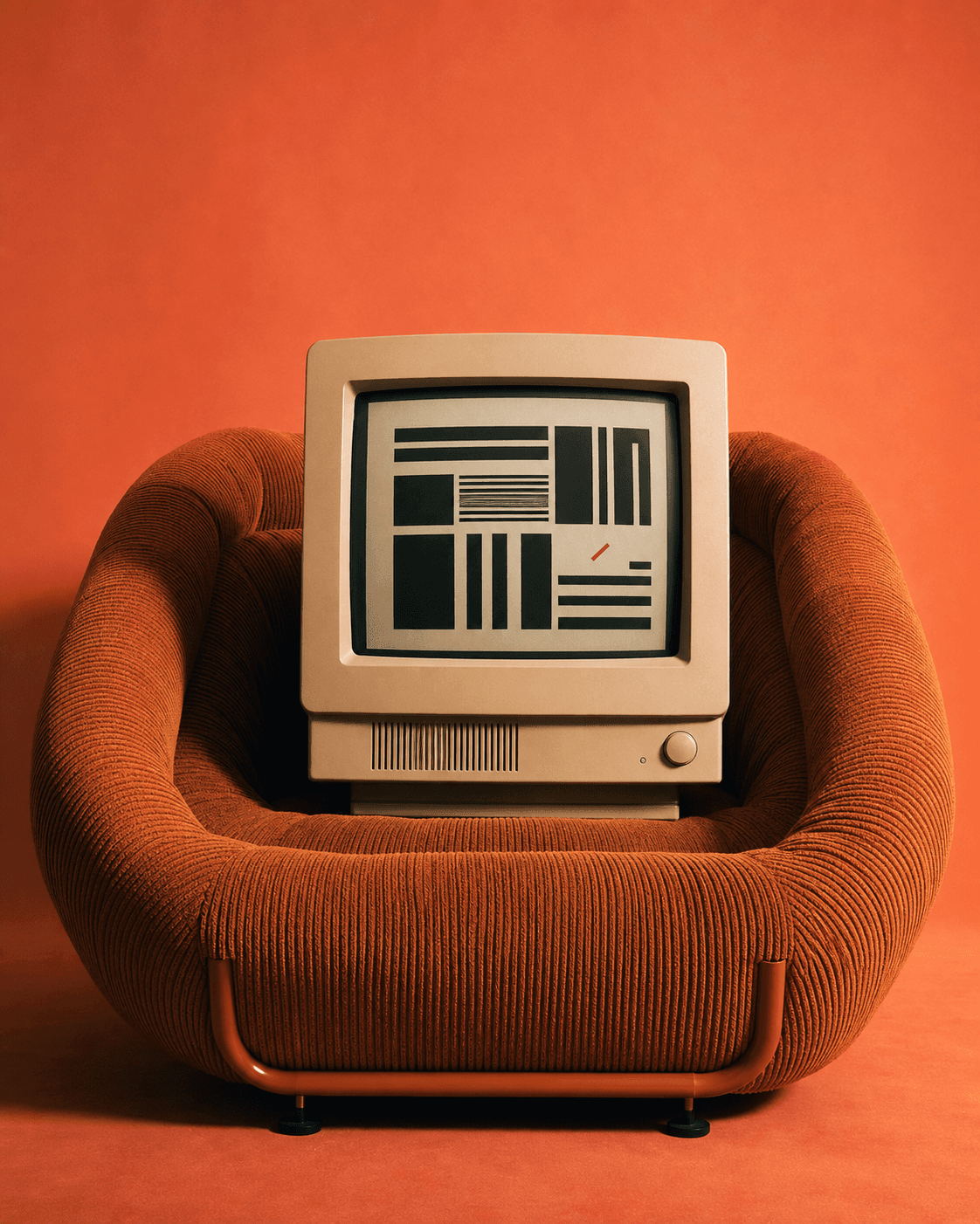 A vintage cream computer set inside a burnt-orange corduroy chair